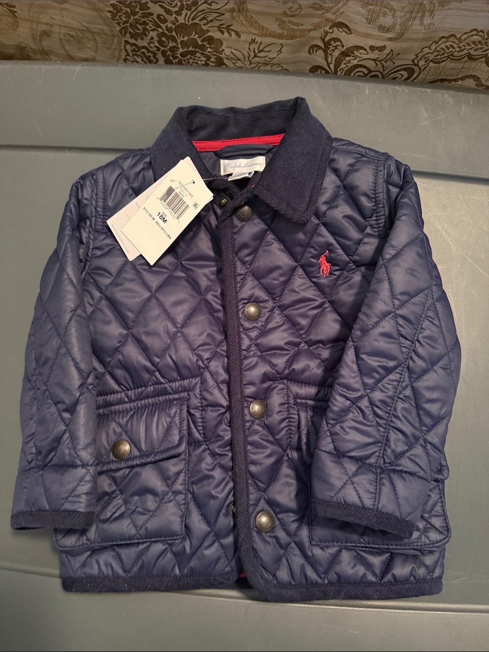 Ralph Lauren Navy Quilted Puffer Jacket with Pink Pony